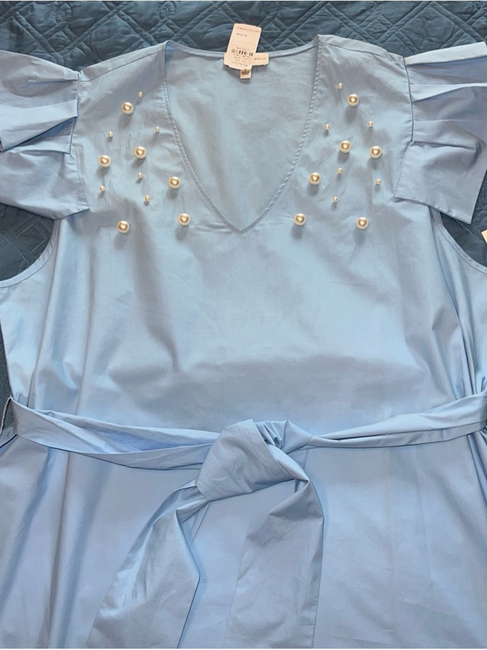 Neiman Marcus Light Blue Pearl-Embellished V-Neck Dress